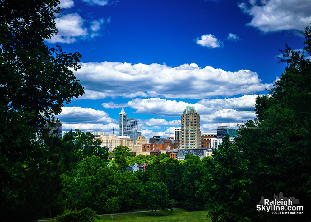 Blue sky and puffy clouds over Raleigh