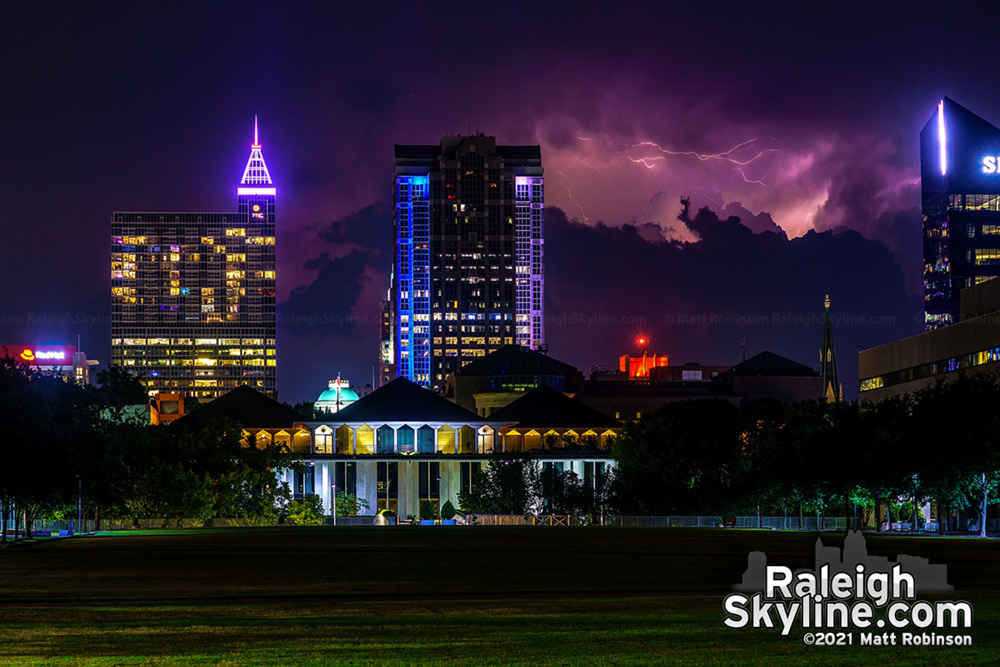 Distant lightning over 40 miles away lights up the sky south of downtown Raleigh