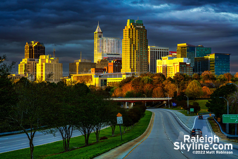 Late sunlight illuminating the skyline of Raleigh