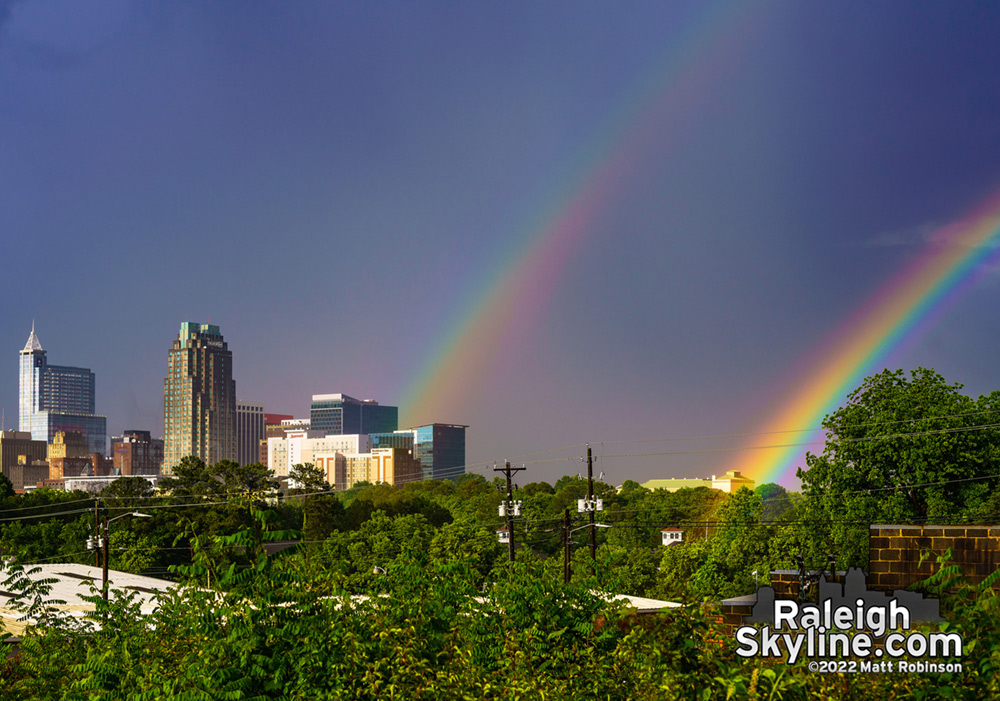 Double rainbow terminating near downtown Raleigh 