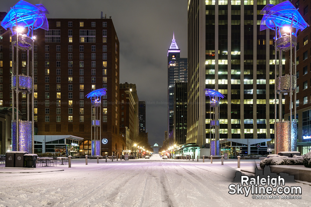 Fayetteville Street in the snow at night