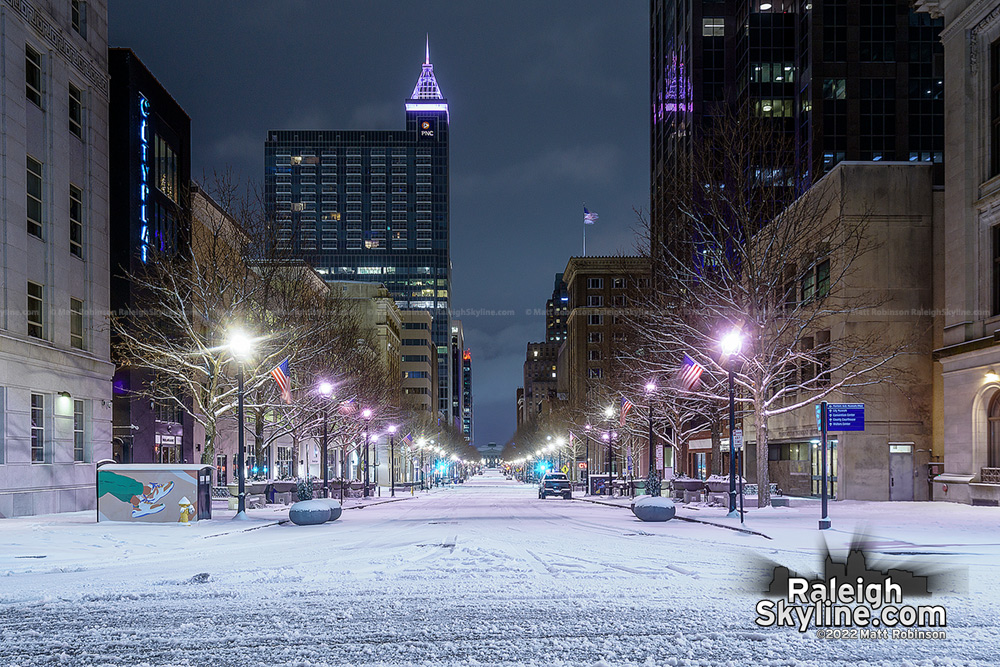 Looking south at Snowy downtown Raleigh 2022