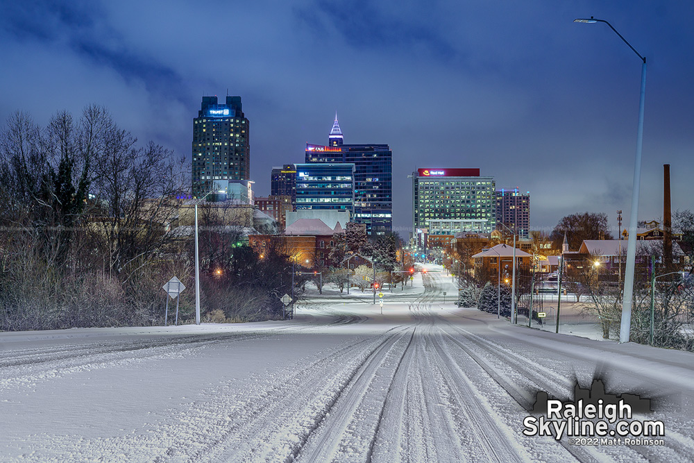 Downtown Raleigh at 4:00 AM on Wilmington Street covered in snow