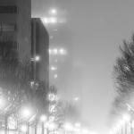 Black and White Dense fog in downtown Raleigh