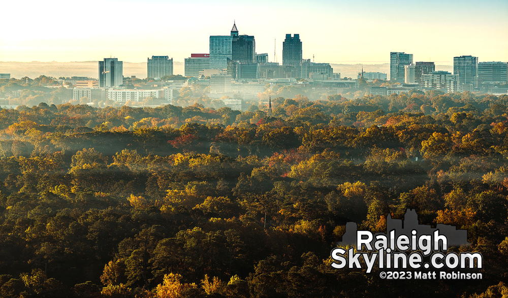 Fall colors over Five  points with Downtown Raleigh