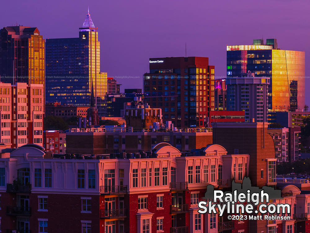 Downtown Raleigh reflecting golden colors at sunset