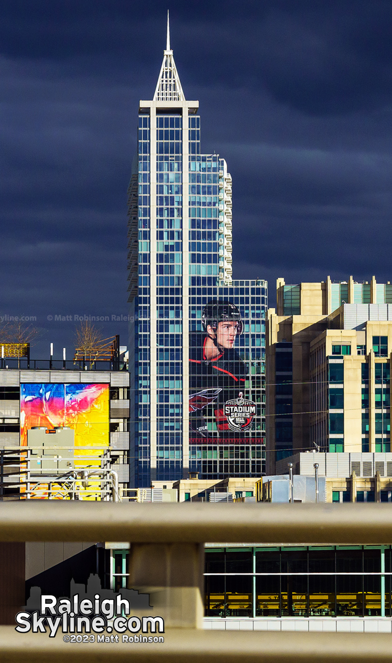 Giant Canes winger Andrei Svechnikov on the side of PNC Plaza