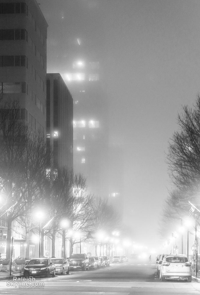 Black and White Dense fog in downtown Raleigh