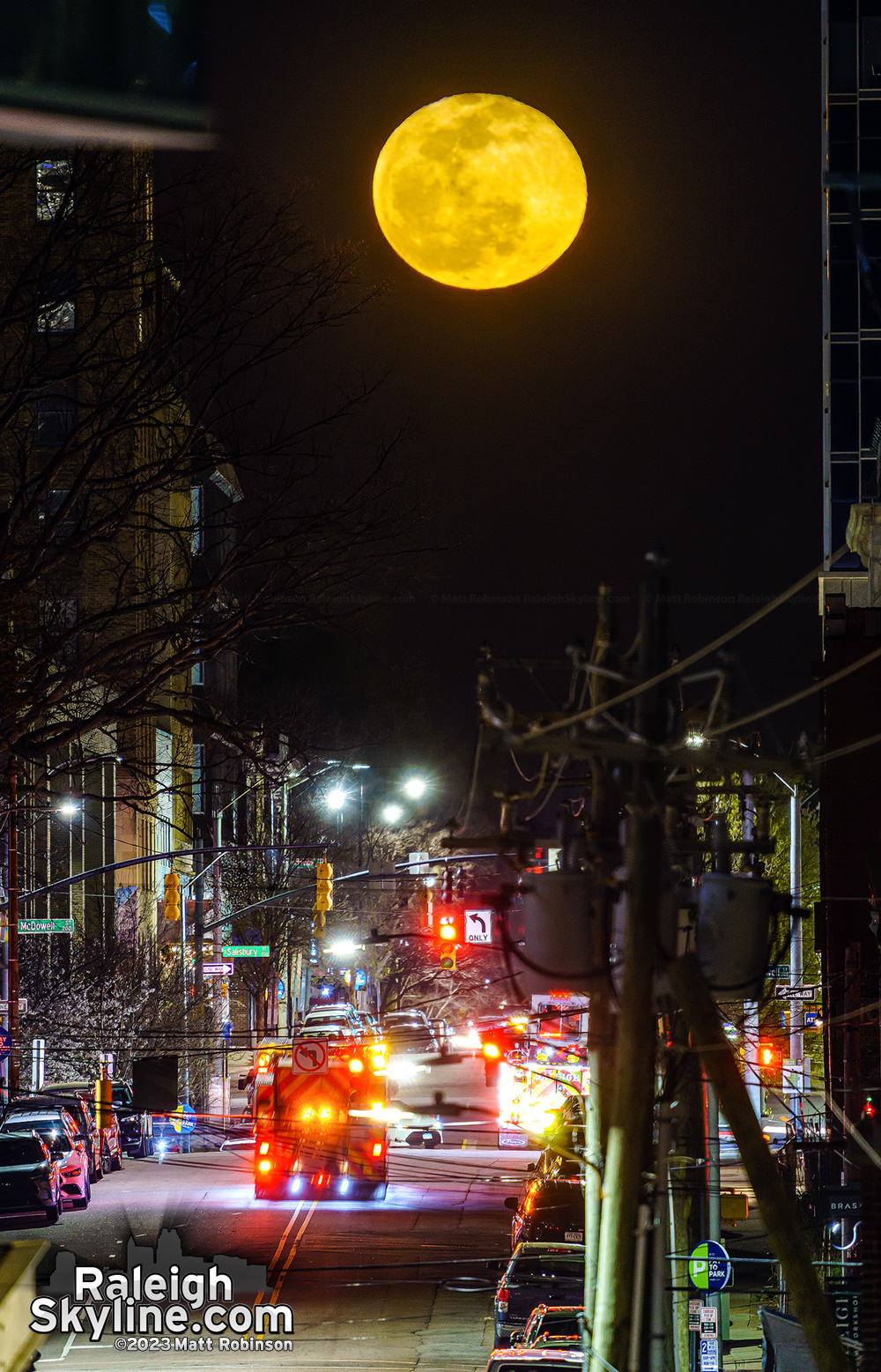 Moonrise down Martin Street in downtown Raleigh
