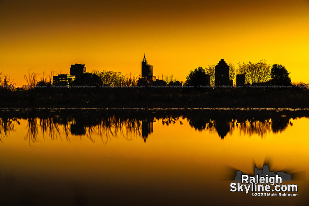 Downtown Raleigh skyline mirrored in a puddle at sunrise