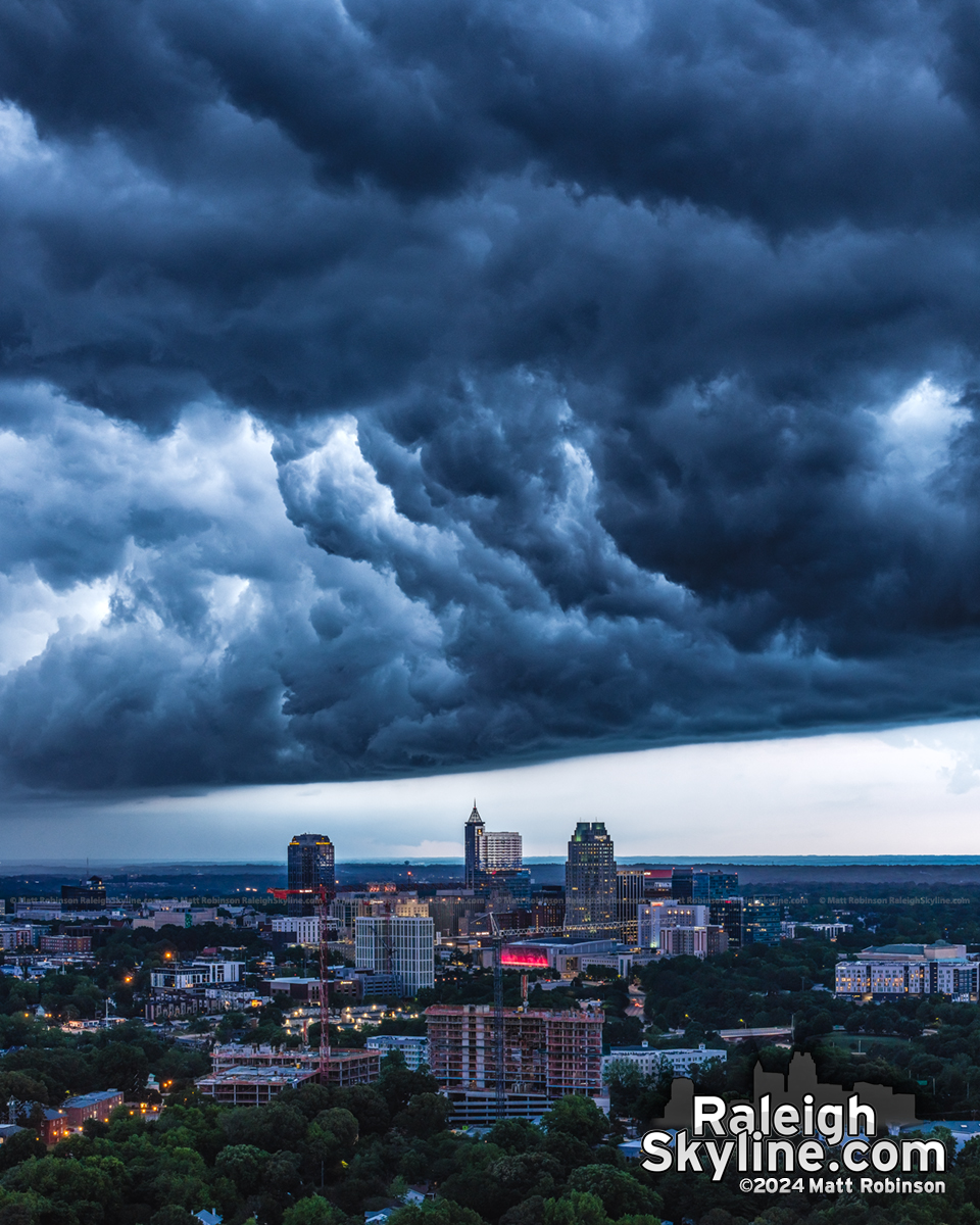 Downtown Raleigh being swallowed by the "whale's mouth" tonight as another shelf cloud sweeps across the city at sunset.