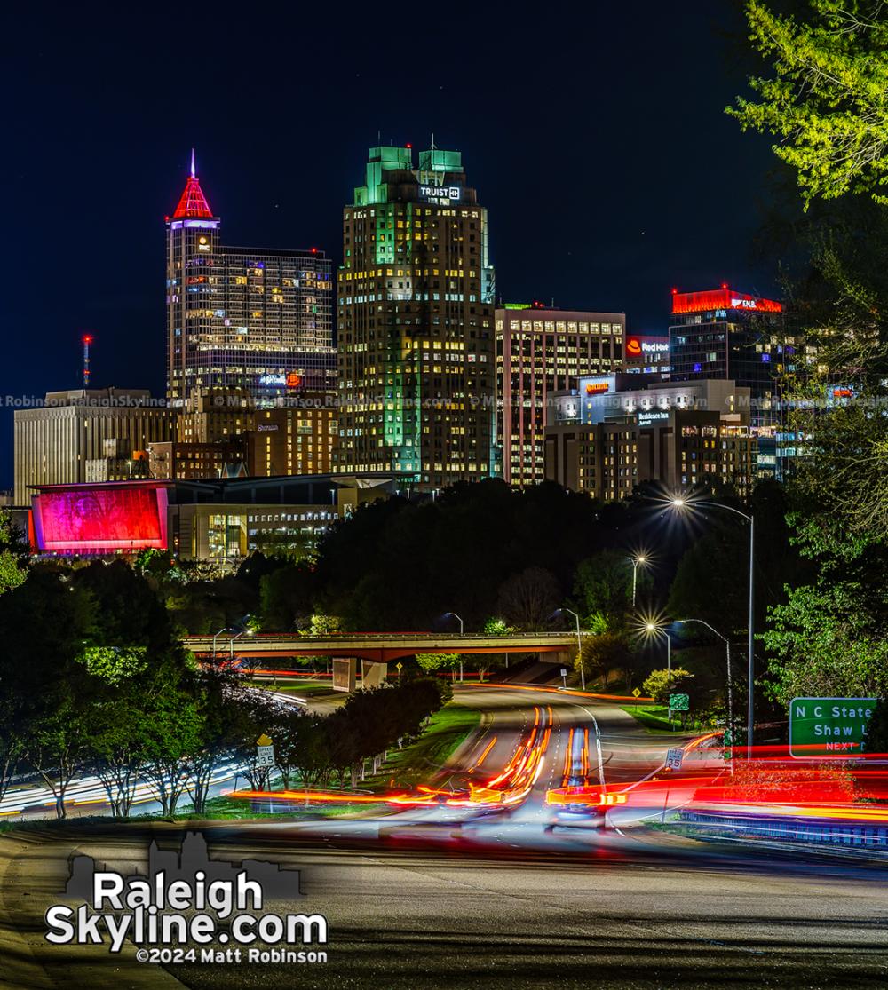 Downtown Raleigh lit up Red for the NCSU Wolfpack