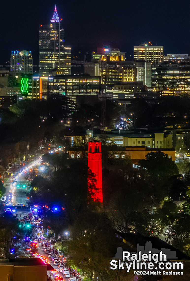 Downtown Raleigh and the NCSU Bell Tower lit up Red for Men's and Women's Basketball making the Elite 8