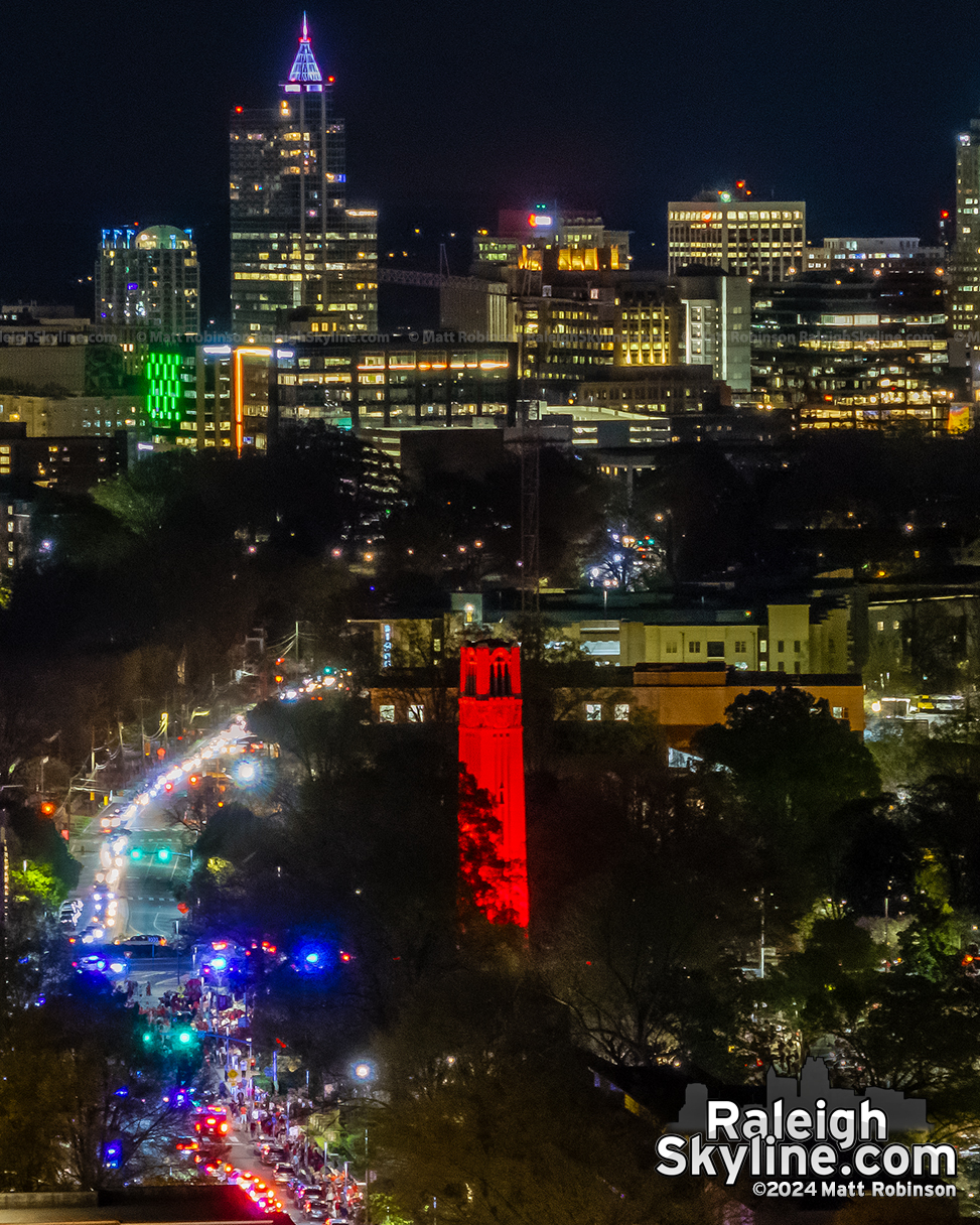 Downtown Raleigh and the NCSU Bell Tower lit up Red for Men's and Women's Basketball making the Elite 8