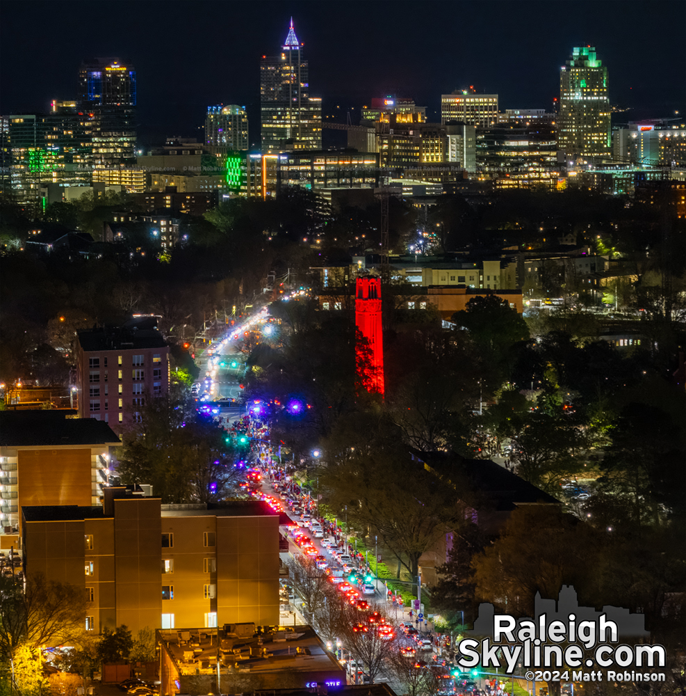 Downtown Raleigh and the NCSU Bell Tower lit up Red for Men's and Women's Basketball making the Elite 8