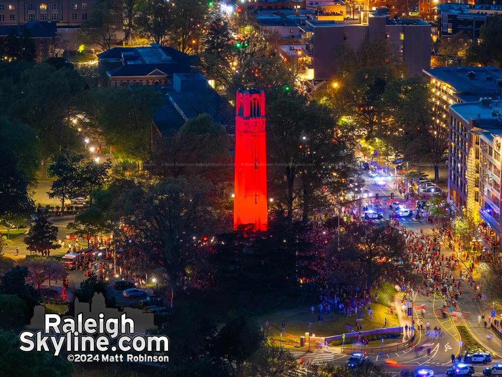 The NC State Bell Tower lit up Red at sunset for the Men's and Women's Basketball teams making the Final Four