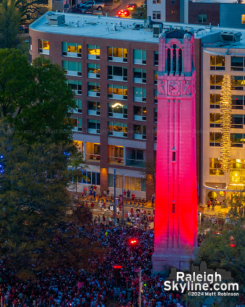 The NC State Bell Tower lit up Red at sunset for the Men's and Women's Basketball teams making the Final Four