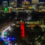 Downtown Raleigh and the NCSU Bell Tower lit up Red for Men's and Women's Basketball making the Elite 8