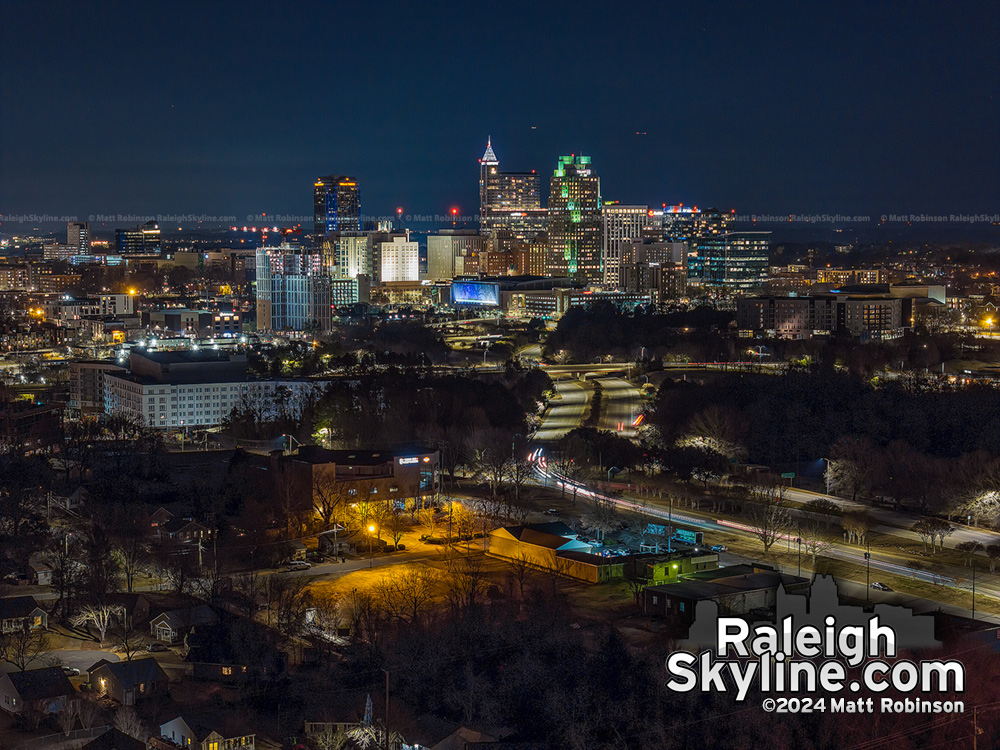 Night time aerial of downtown Raleigh