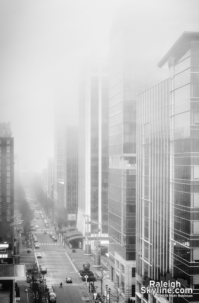 Foggy look downtown Fayetteville Street