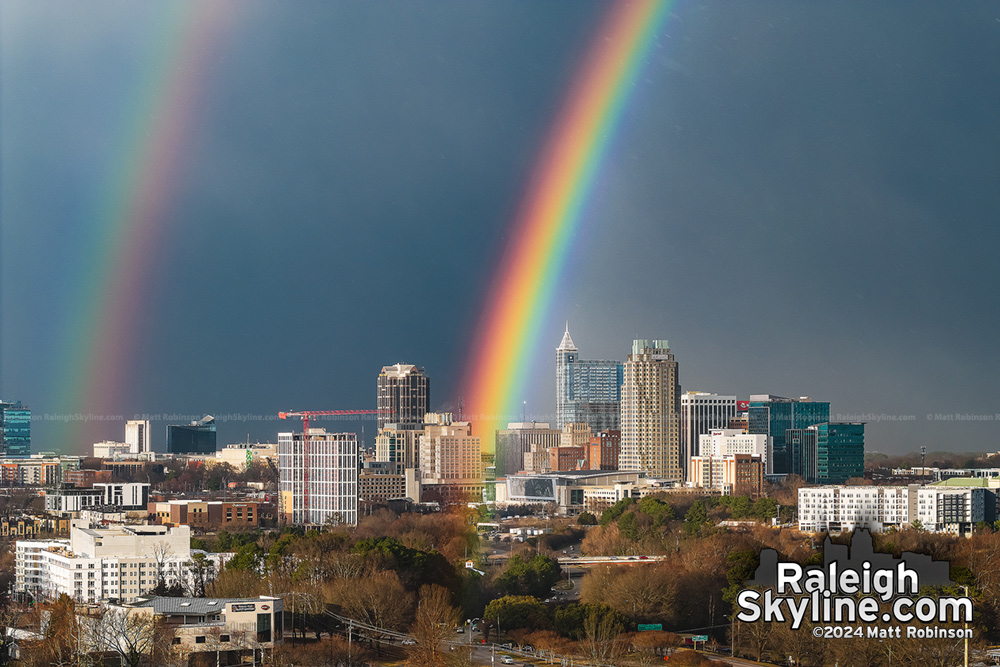 Rainbow coming down into the Raleigh Skyline