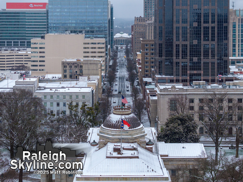 Looking down Fayetteville Street with snow