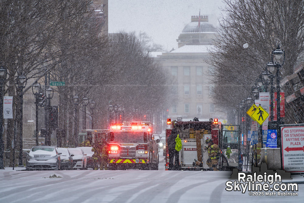 Raleigh Fire Department responding in the snow on Fayetteville Street