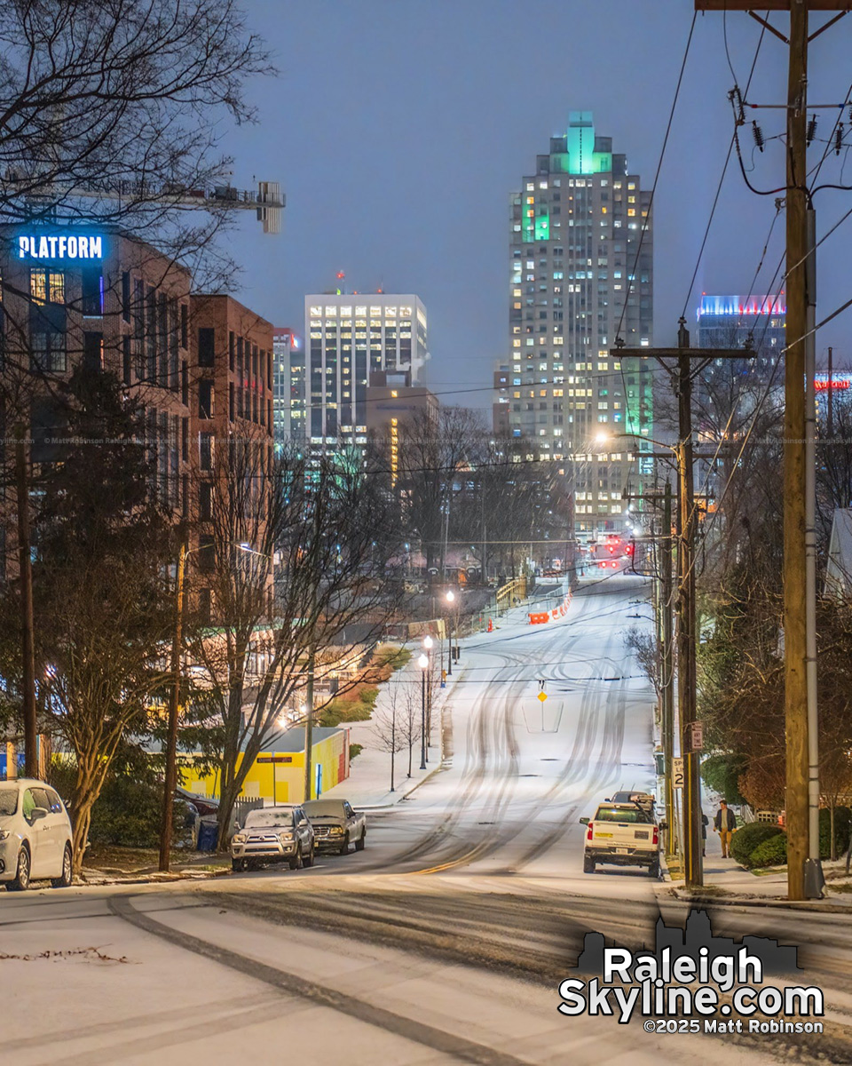 Cabarrus Street in Boylan Heights covered in light snow